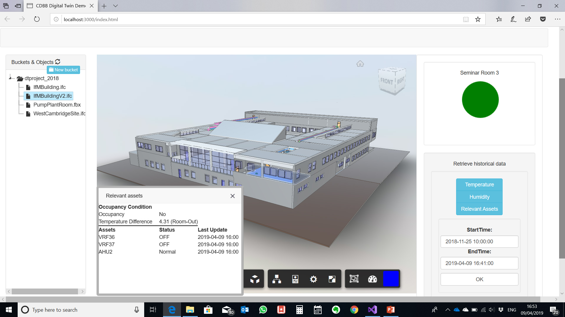 Digital Twin of IfM building showing condition of seminar room