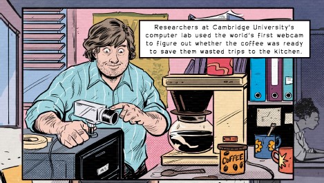 Panel from Coffee Time comic showing a Cambridge researcher setting up the world's first webcam to view the lab's coffee pot