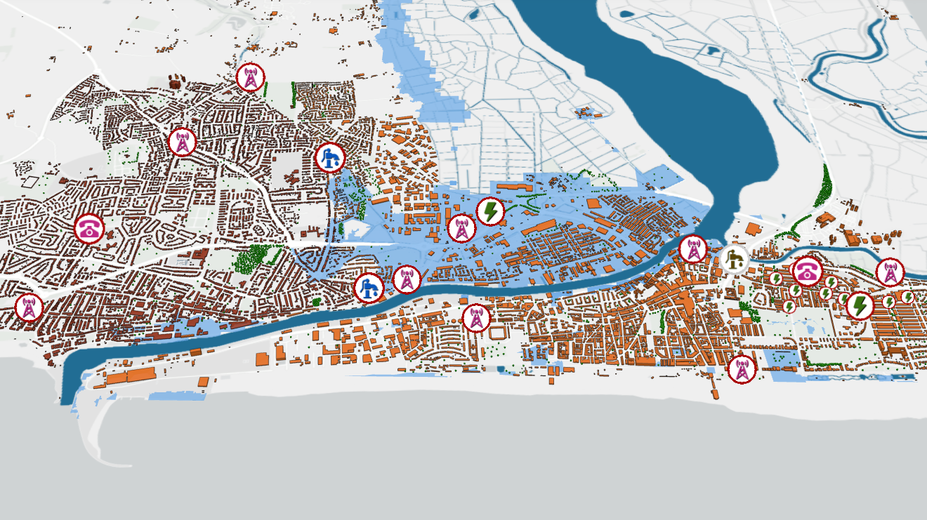 Still from CReDo interactive app showing a map of flooding and infrastructure network outages in a fictional UK city